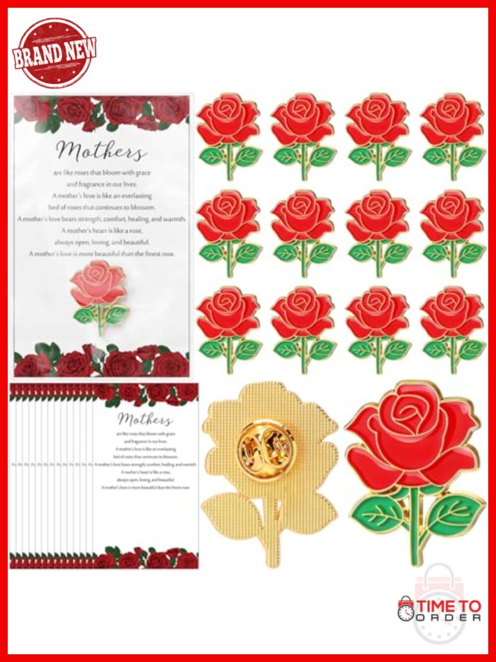 50 Red Rose Enamel Brooch Set with Inspirational Cards, Butterfly Clasp, Gift